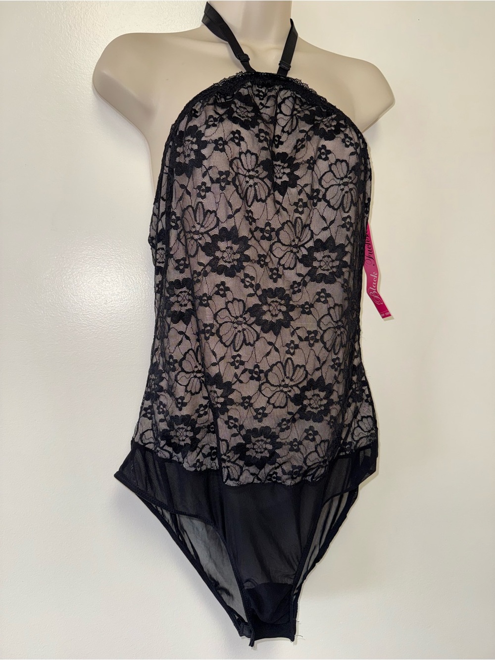 NWT Black Fuchsia (2X) Brand New Black Floral Lace Halter Neck Bodysuit